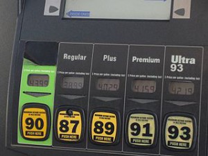 Picture of grades of gasoline at a pump